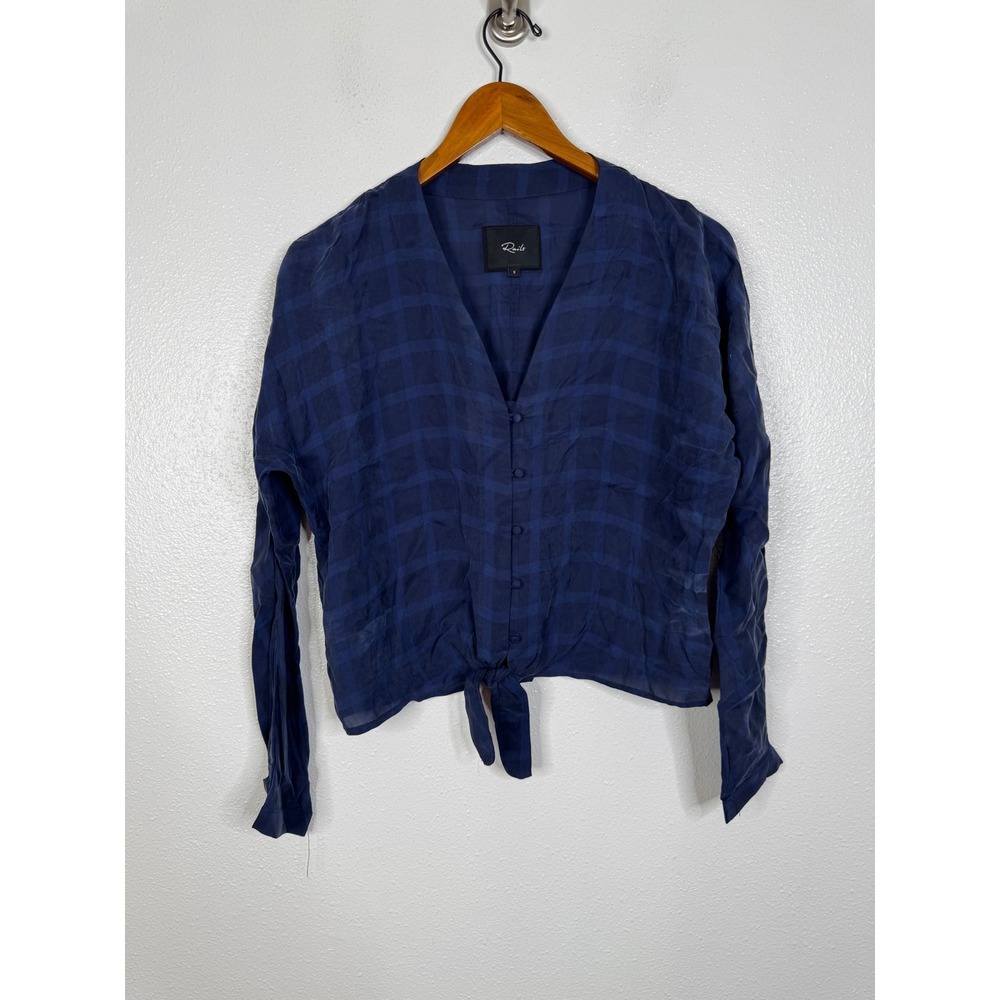 Rails Sloane Navy Tonal Plaid Cupro Tie‎ Front Blouse V-Neck Long Sleeve Small